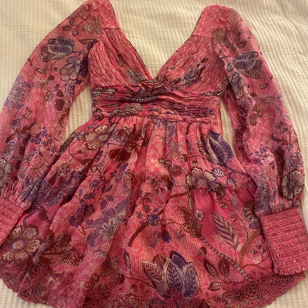 Hemant and Nandita - Long Sleeve Pink Floral V Neck Dress - Size Small
